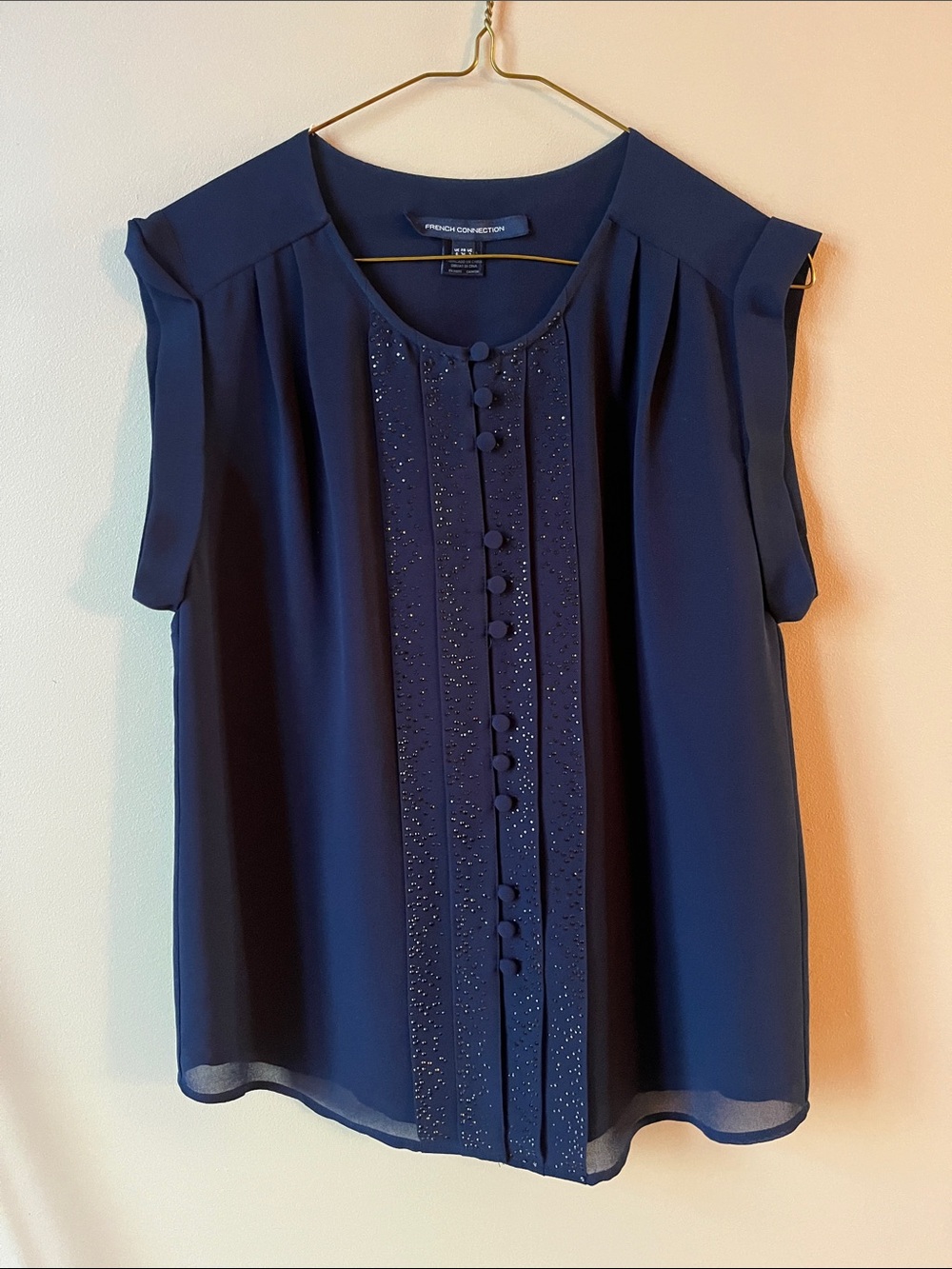 French Connection Navy Sleeveless Beaded Placket Blouse